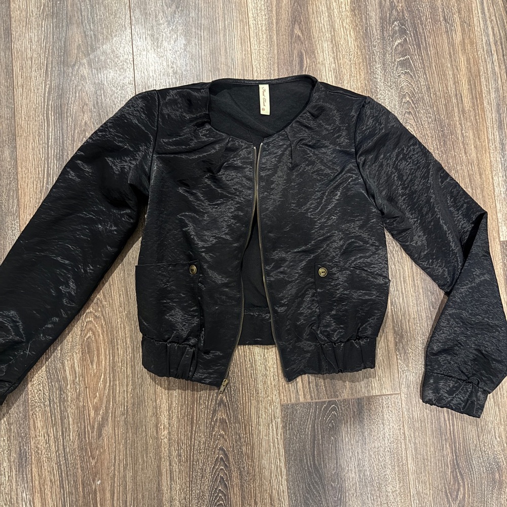 Final Touch Black Satin Bomber Jacket